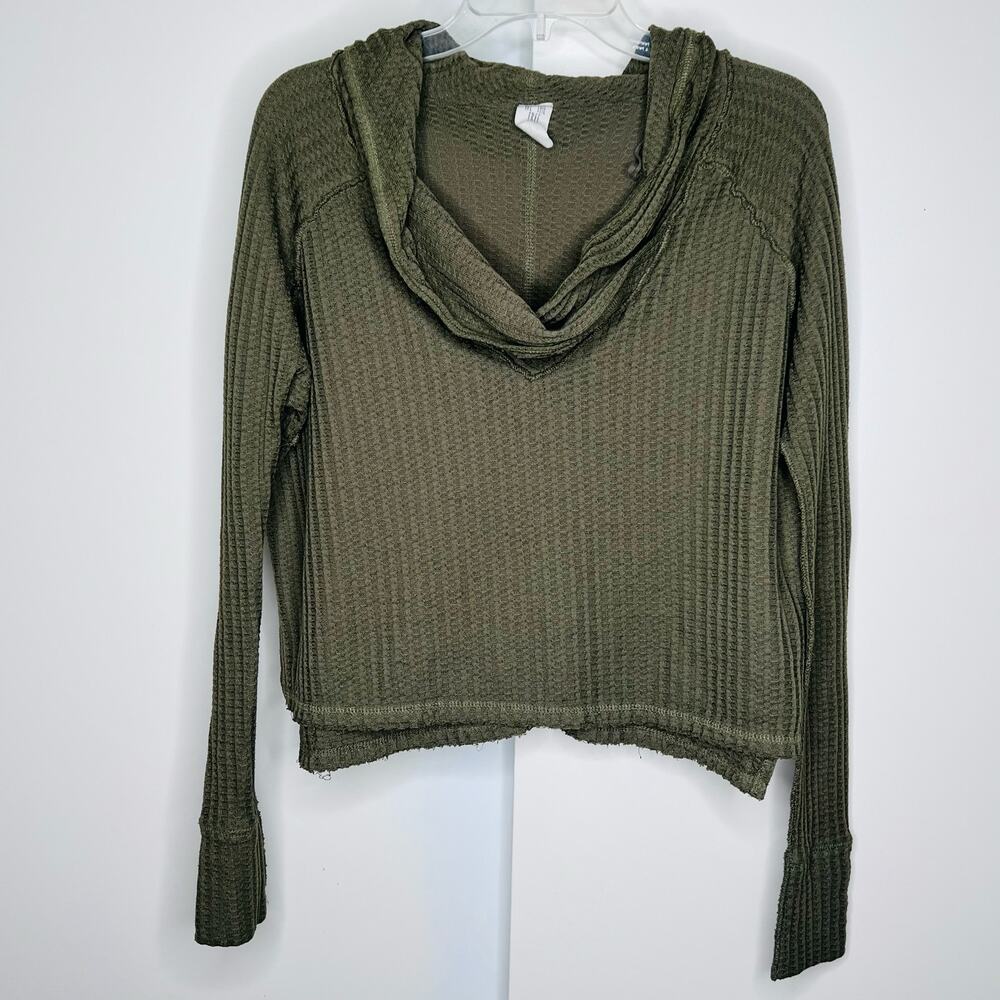 Free People Women's Top Sz Small Cowl Neck Green Waffle Knit Long Sleeve Crop